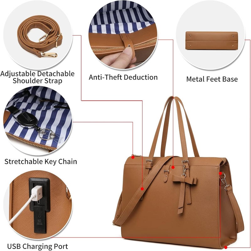 Keyli 4pc Sets Laptop Bag for Women Large Leather Laptop Briefcase with USB Charging Port Computer Shoulder tote Bags Purse - Image 5